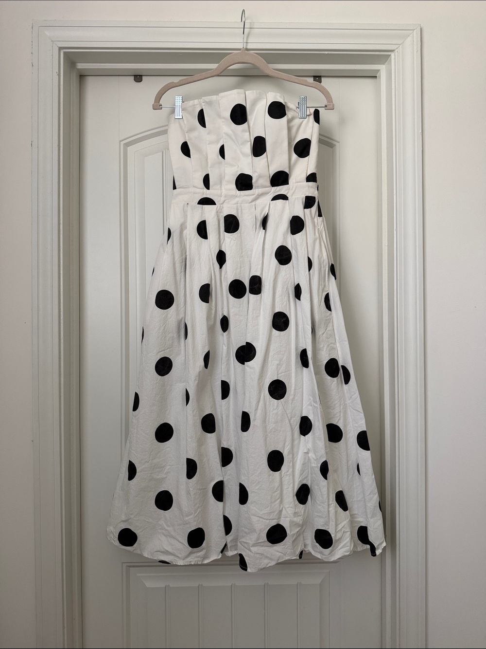 entro White Strapless Midi Dress with Black Polka Dots